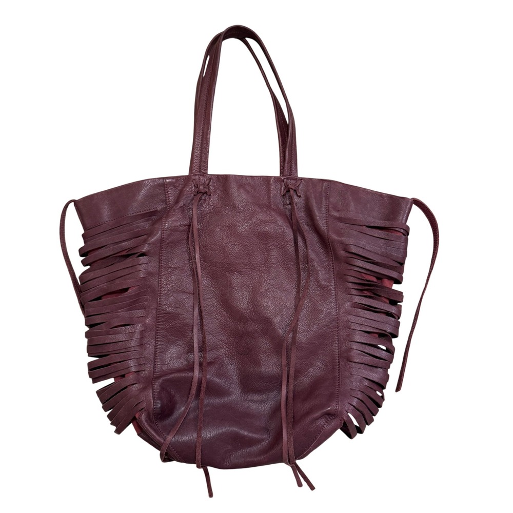 Linea Pelle Leather Fringe Tote Bag Women Large Burgundy Boho Western Chic
